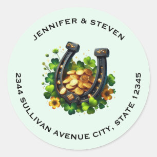 Pegatina Redonda Lucky Horseshoe Gold Coins y dirección Clover