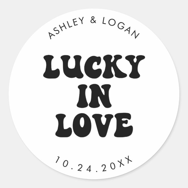 Pegatina Redonda Lucky In Love Boda Retro Lottery Favor (Anverso)