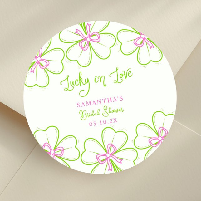 Pegatina Redonda Lucky in Love ShamrockPink Green  Bridal Shower  (Subido por el creador)