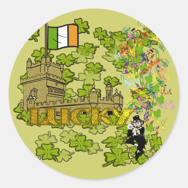 Pegatina Redonda Lucky Leprechaun y su castillo irlandés (Anverso)
