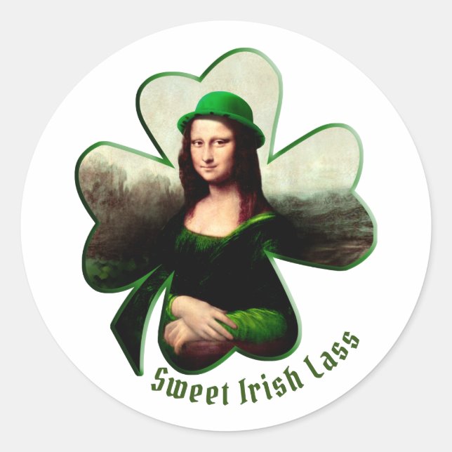 Pegatina Redonda Lucky Mona Lisa St. Patrick's Day (Anverso)