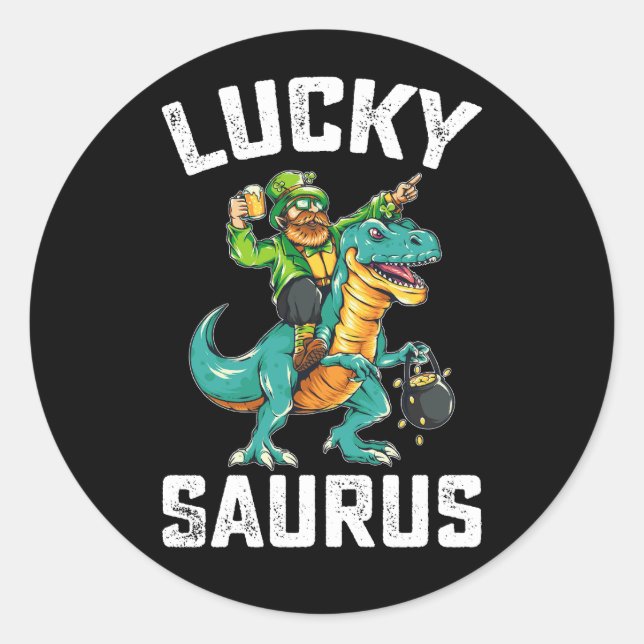 Pegatina Redonda Lucky Saurus Dinosaur T Rex St Patrick's Day (Anverso)