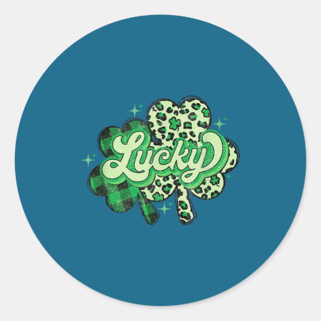 Pegatina Redonda Lucky Shamrock Leopard,checkered Patricks Day Funn (Anverso)