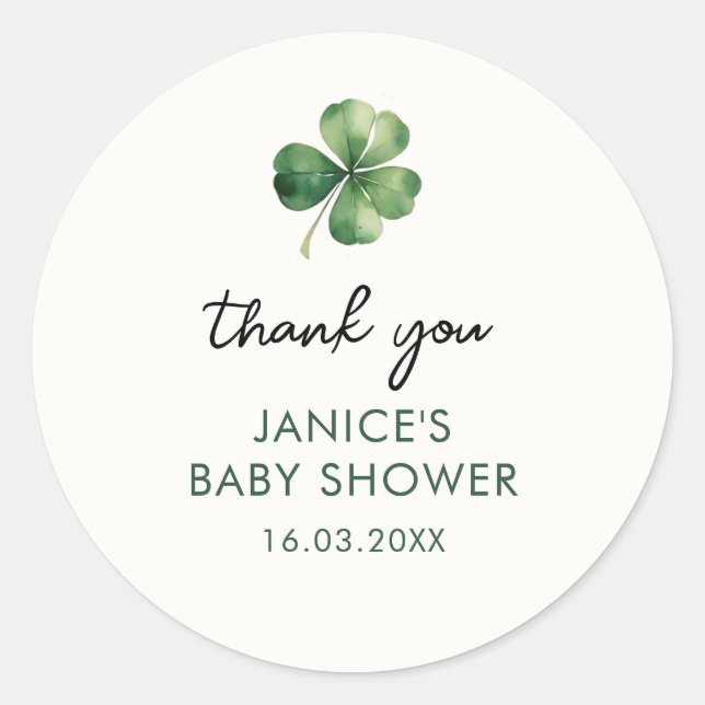 Pegatina Redonda Lucky Shamrock St. Patrick's Day Baby Shower (Anverso)