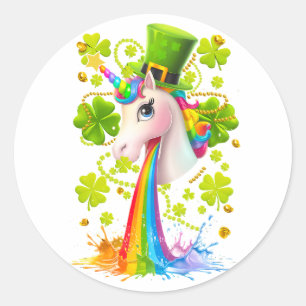 Pegatina Redonda Lucky Unicorn Shamrock St Patricks Day Lepricorn