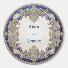 Pegatina Redonda Lujo Victoriano Azul Dorado Ornate Filigrana Boda