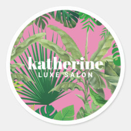 Pegatina Redonda Lujoso Tropical Moderno Boutique & Salon Pink