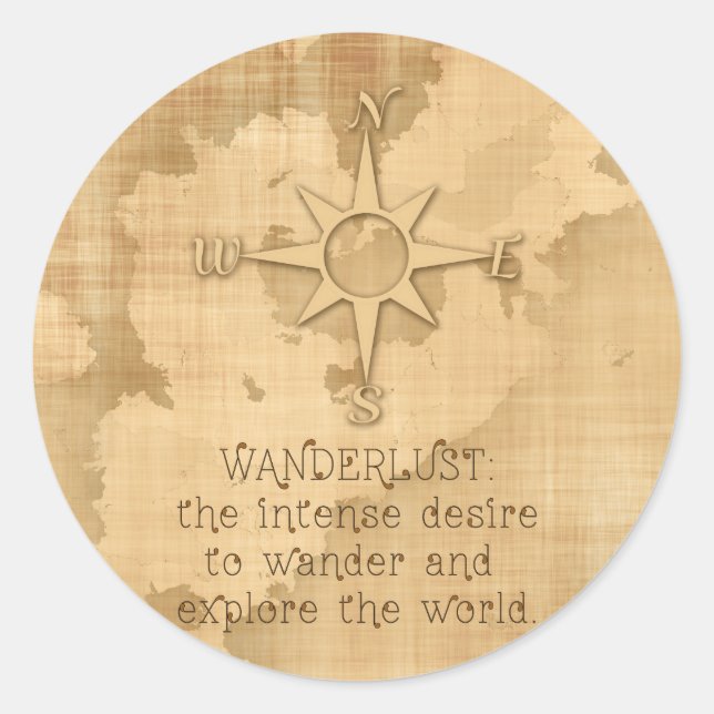 Pegatina Redonda "Lujuria de Wanderlust.." Cita de viaje sobre pape (Anverso)