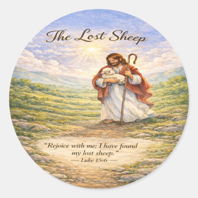 Pegatina Redonda Luke 15 Parable Lost Sheep  (Anverso)