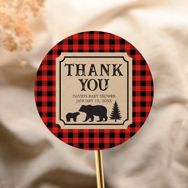 Pegatina Redonda Lumberjack Bear Baby Shower  (Bear Plaid Baby Shower Sticker)