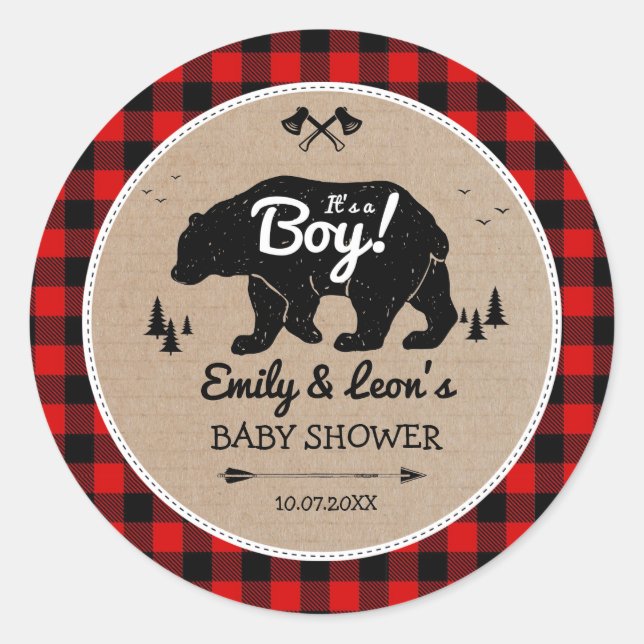 Pegatina Redonda Lumberjack Forest Bear Adventure Boy Baby Shower (Anverso)