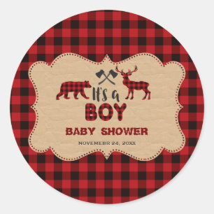 Pegatina Redonda Lumberjack Red Buffalo Little Hunter Baby Shower