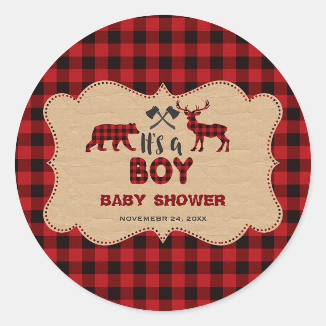Pegatina Redonda Lumberjack Red Buffalo Little Hunter Baby Shower (Anverso)