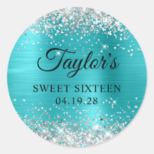 Pegatina Redonda Luminoso Turquesa Azul Glitter Sweet Sixteen