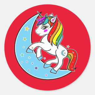 Pegatina Redonda Luna azul celeste arco iris y estrellas unicornio