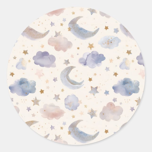 Pegatina Redonda Luna Celeste Estrellas Nubes Pastel Lavanda (Anverso)
