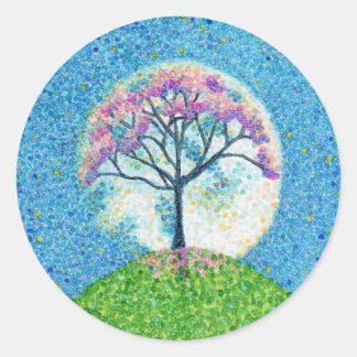 Pegatina Redonda Luna de árbol del puntillismo de primavera