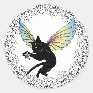 Pegatina Redonda Luna de gato cósmico y estrellas