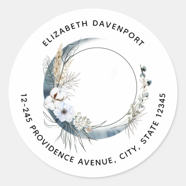 Pegatina Redonda Luna de media luna azul con dirección de flores bl (Anverso)