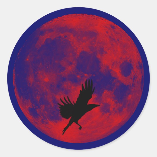 Pegatina Redonda Luna de sangre cuervo blood moon raven (Anverso)