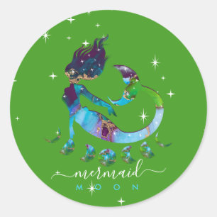 Pegatina Redonda Luna de sirena espiritual zodiac verde