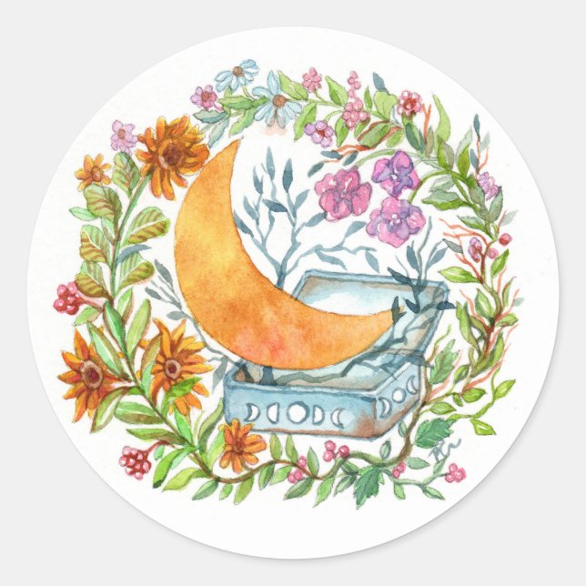 Pegatina Redonda Luna fuera de la caja (Anverso)