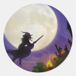 Pegatina Redonda Luna llena de bruja de Halloween