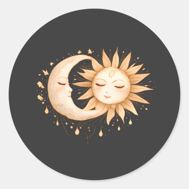 Pegatina Redonda Luna Mística y Sol Estilo Boho Celestial (Anverso)