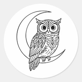 Pegatina Redonda Luna Owl Line Art with Crescent Moon