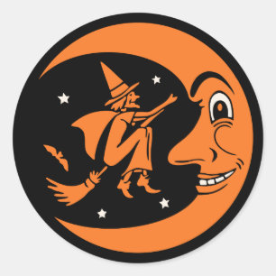 Pegatina Redonda Luna y bruja de Halloween clásicas