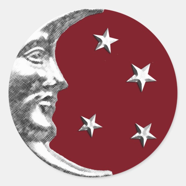 Pegatina Redonda Luna y estrellas Art Deco - Rojo oscuro y plateado (Anverso)