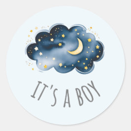 Pegatina Redonda Luna y Estrellas Azul Es un Niño Baby Shower