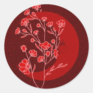 Pegatina Redonda Luna y flores de estilo Art Nouveau rojo de Ruby