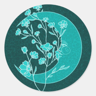 Pegatina Redonda Luna y flores de estilo Art Nouveau Verde azulado