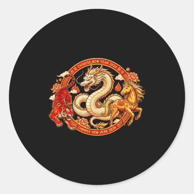 Pegatina Redonda Lunar Zodiac Dragon Tiger Horse Harmony Chinese Ne (Anverso)
