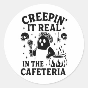 Pegatina Redonda Lunes Dama Halloween Creepin It Real School Cafet