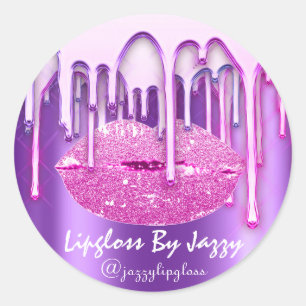 Pegatina Redonda Lupgloss Makeup Ladobato de goteo violeta rosado