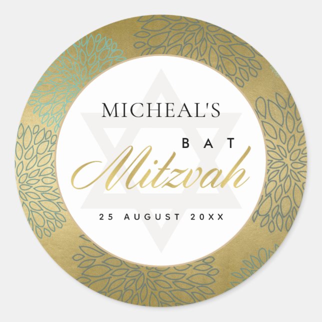 PEGATINA REDONDA LUX FAUX BLANCO ORO DAHLIA FLORAL BAR MITZVAH (Anverso)