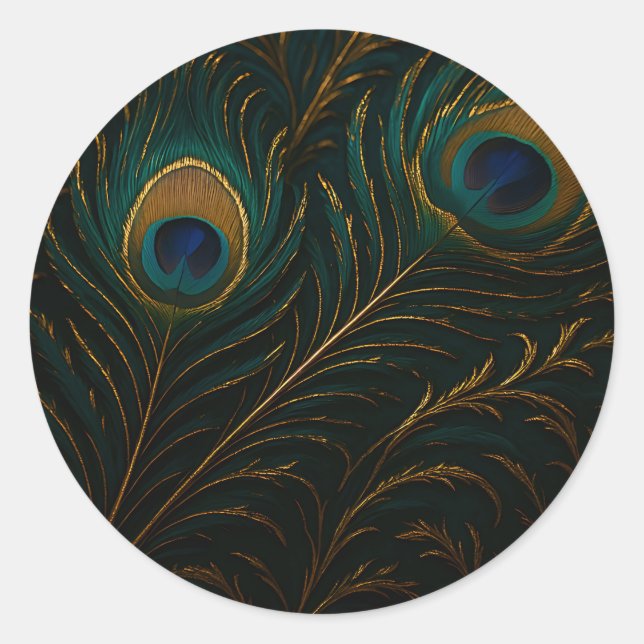 Pegatina Redonda Luxurious Peacock Feathers Golden Teal Pattern (Anverso)