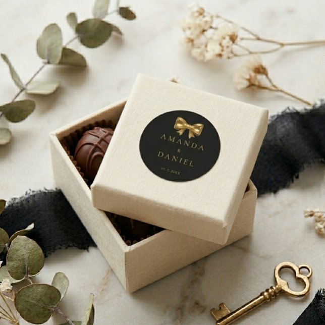 Pegatina Redonda Luxury Black and Gold  Golden Bow Wedding  (Subido por el creador)