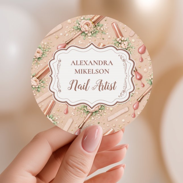 Pegatina Redonda Luxury Floral Nail Artist Business (Subido por el creador)
