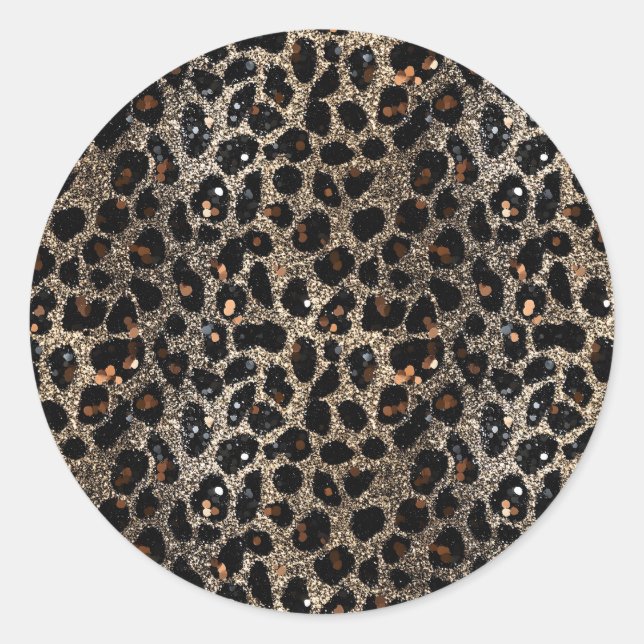 Pegatina Redonda Luxury Glitter Brown Black Gold Leopard Pattern (Anverso)