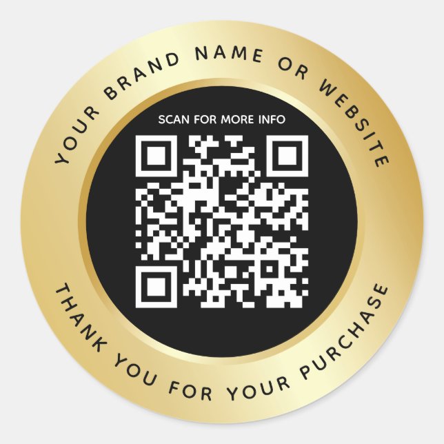 Pegatina Redonda Luxury Gold Metallic Black QR Code Gracias (Anverso)