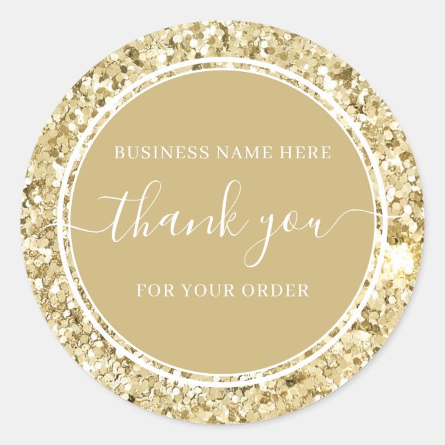 Pegatina Redonda Luxury Gold Purpurina Calligraphy Business Gracias (Anverso)