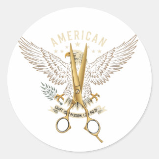Pegatina Redonda Luxury Golden Barber Scissors Eagle Wings Sticker