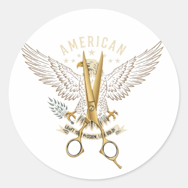Pegatina Redonda Luxury Golden Barber Scissors Eagle Wings Sticker (Anverso)