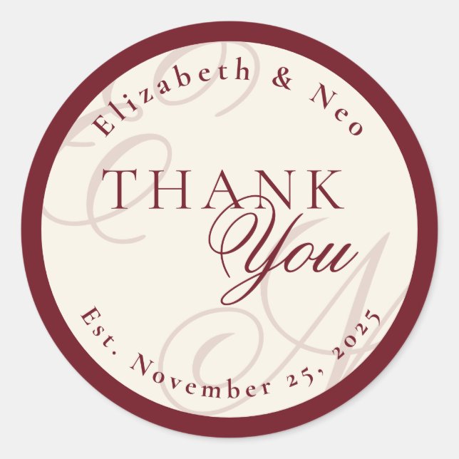 Pegatina Redonda Luxury Monogram Ivory Wedding Thank You (Anverso)
