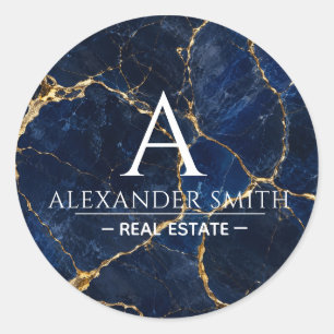 Pegatina Redonda Luxury Navy Marble Gold Monogram Business Branding