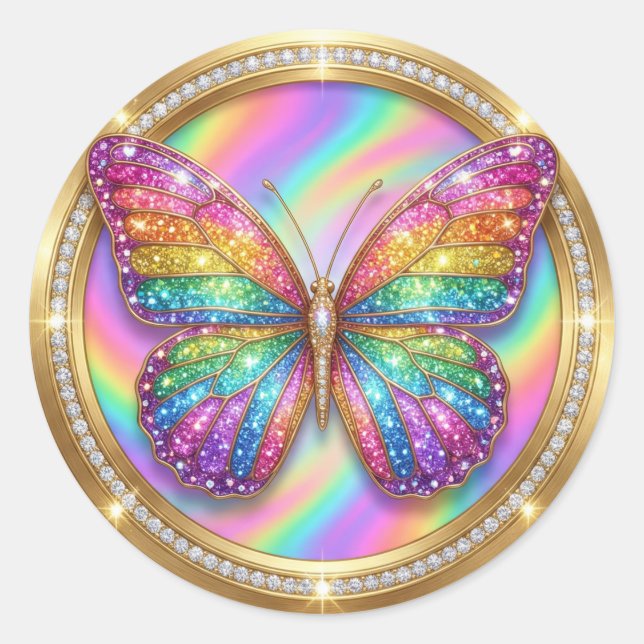 Pegatina Redonda Luxury Rainbow Glitter Butterfly  (Anverso)