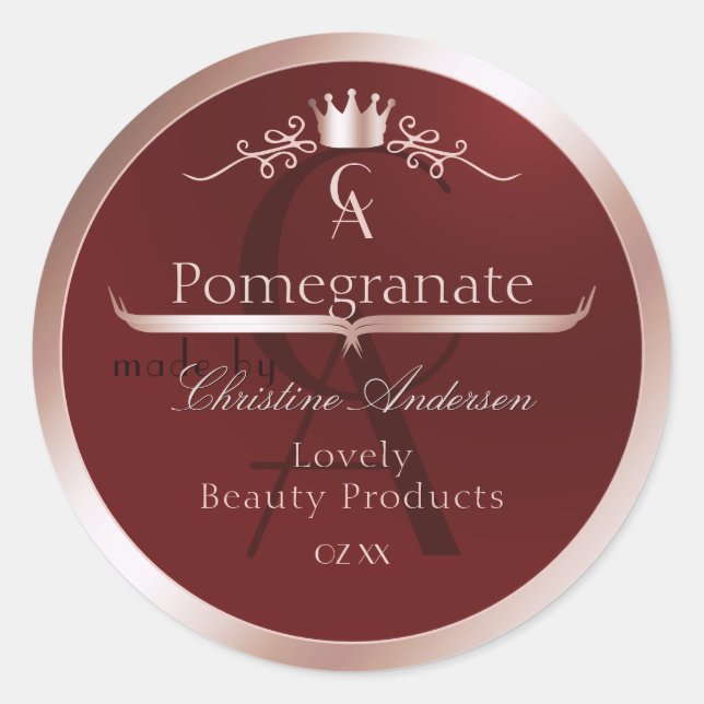 Pegatina Redonda Luxury Red Product Label Rose Gold Frame Monogram (Anverso)